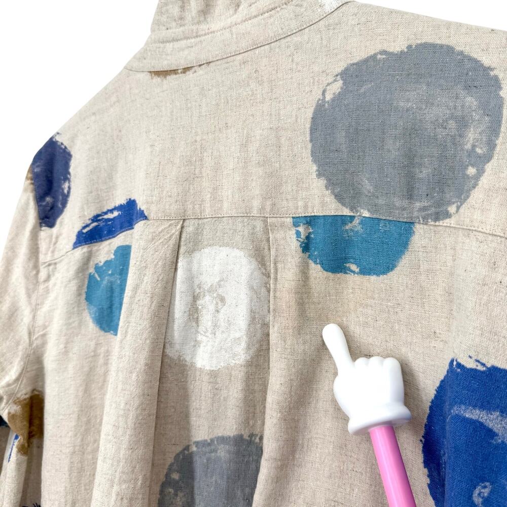 Ali Miles Sz Medium LINEN BLEND Blue Beige Wearable Art Beach Blouse Shirt Top - Picture 13 of 13